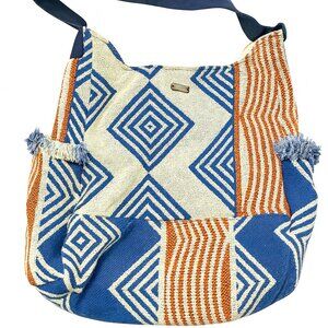 Roxy Boho Shoulder Bag Geometric Woven Hobo Tote Blue Tan Slouchy Canvas-AC133